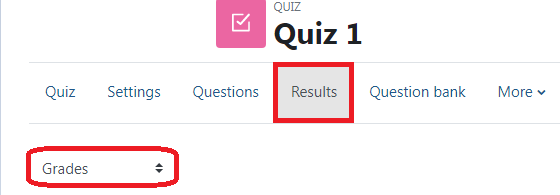 Quiz shown with results and grades drop down menu highlighted