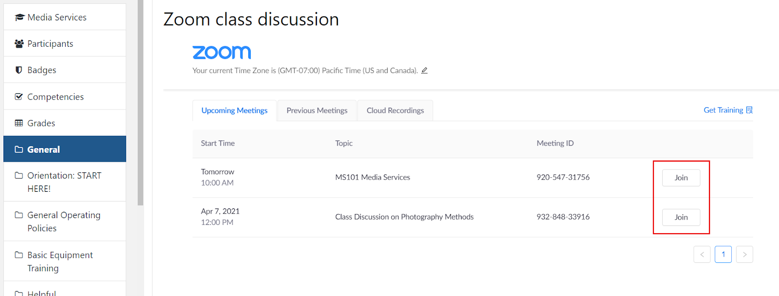 zoom upcoming meetings window with join buttons highlighted