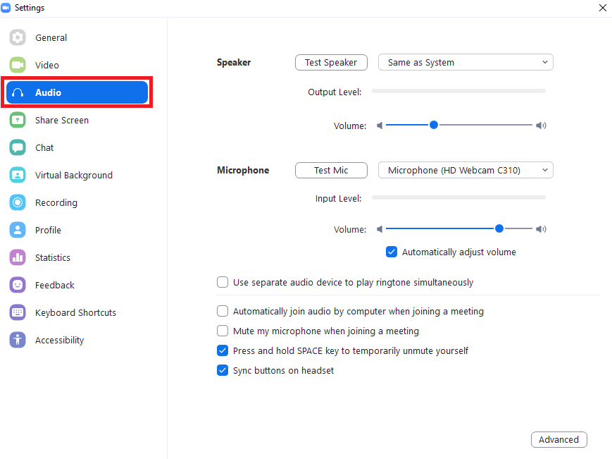 zoom settings with audio button highlighted
