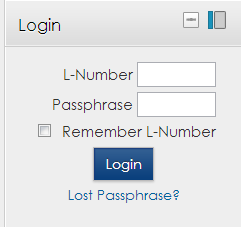 The image shows the login box for Moodle, there are input boxes for L-number and passphrase, a check box for the "remember password" option, and a login button. Below is a link for lost passphrase.  