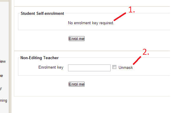 The image shows two options for self enrollment. One reads "No enrolment key required," the other reads "enrolment key" and contains an input box for an enrollment key. 