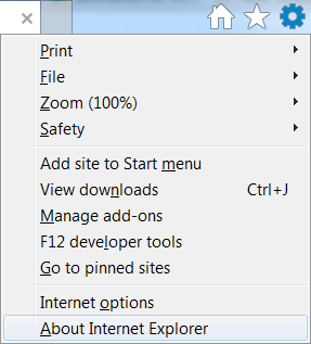 Gear options shown with About Internet Explorer selected.