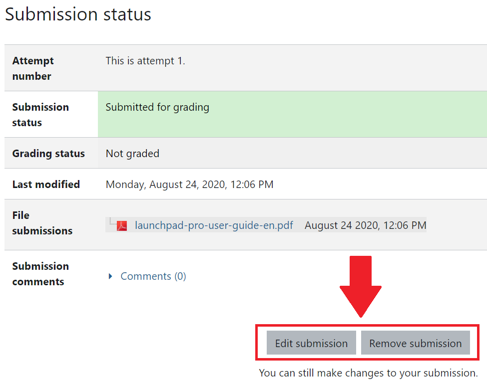 The image shows the submission status page, the "edit submission" and "remove submission" buttons are highlighted in red. 