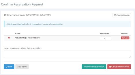 equipment reservation request screen with submit button