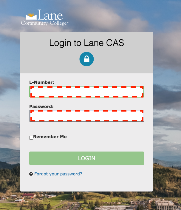 The image shows the CAS login page, the Lnumber and password input boxes are highlighted. 