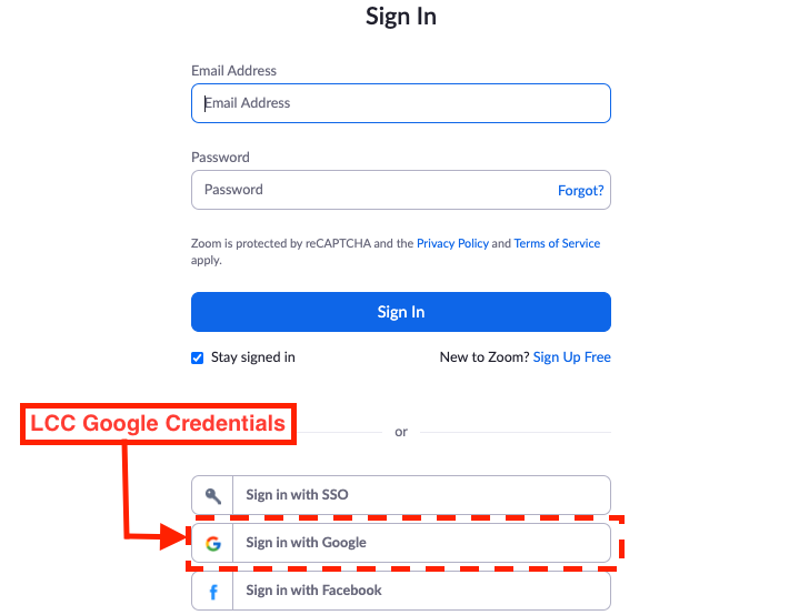The image shows the zoom login page. the sign in with google option is highlighted in red. Text reads "LCC Google Credentials"
