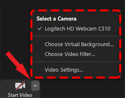 The image shows the small arrow above the Start Video button, and the menu associated with it, highlighted in red. 