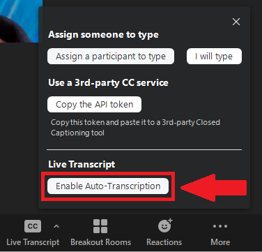 The image shows the live transcript menu. The "Enable Auto-transcription" button is highlighted in red. 