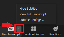 The image shows the Live transcript settings menu. The options read "Hide Subtitle," "View Full Transcript," and "Subtitle Settings...." The small arrow next to the live transcript button is highlighted in red. 