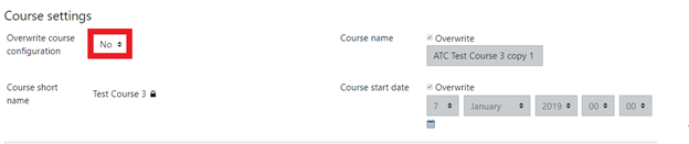 The image shows the course settings with overwrite course config set to no.