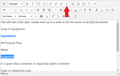 The image shows the text editor. Some text has been selected, and an arrow points to the flag icon in the editor options. 