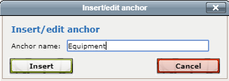 The image shows the insert/edit anchor popup. There is an input menu for the anchor name, and two buttons: "insert" and "Cancel"