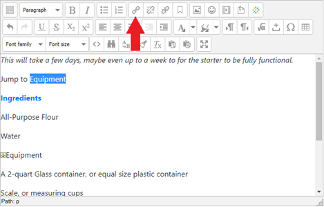 The image shows the text editor. Some text has been selected, and an arrow points to the link icon in the editor. 