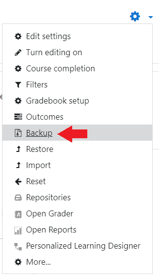 The gear menu at the top right of the page and the Backup option 6 options down.