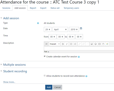 Add session page in the attendance module.