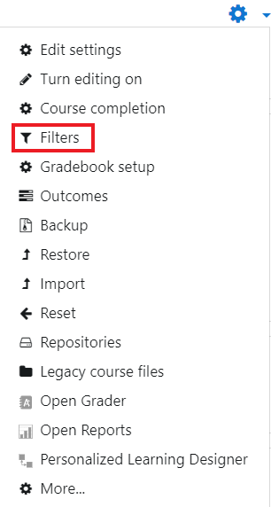 Image of the options under the gear icon with filters highlighted