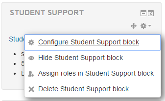 The image shows a drop-down menu, the last option is labeled "delete student support block"