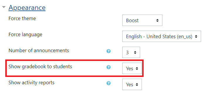 In the Appearance Section, "Show gradebook to students" is set to Yes.
