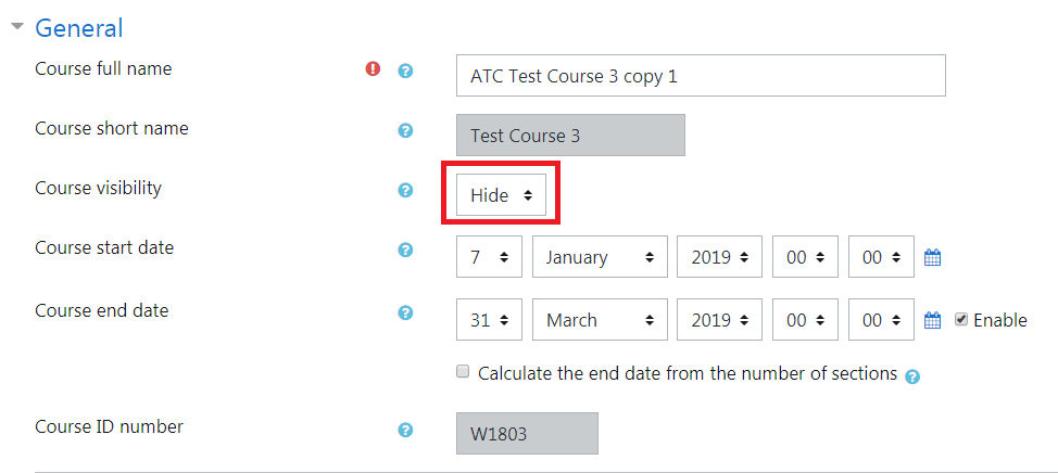 The image shows the general section, the course visibility dropdown menu is highlighted in red. It contains the word "Hide" 