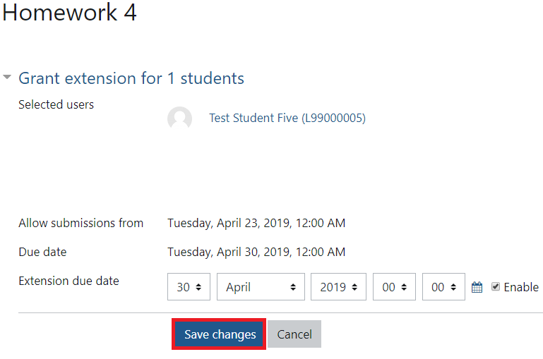 Homework 4 Assignment used as an example shown with extension due date option. Save changes is highlighted in red.