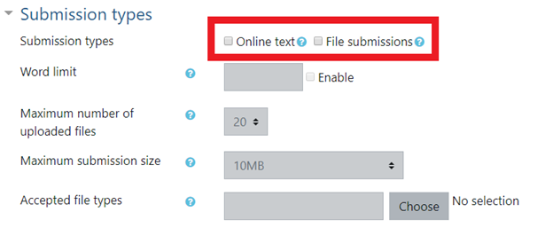 Image of Submission types drop down option with online text and file submissions highlighted.  Both options do not have check marks.
