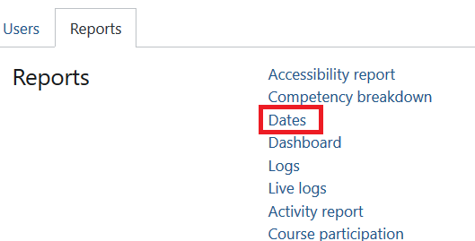 Reports tab with the option Dates highlighted