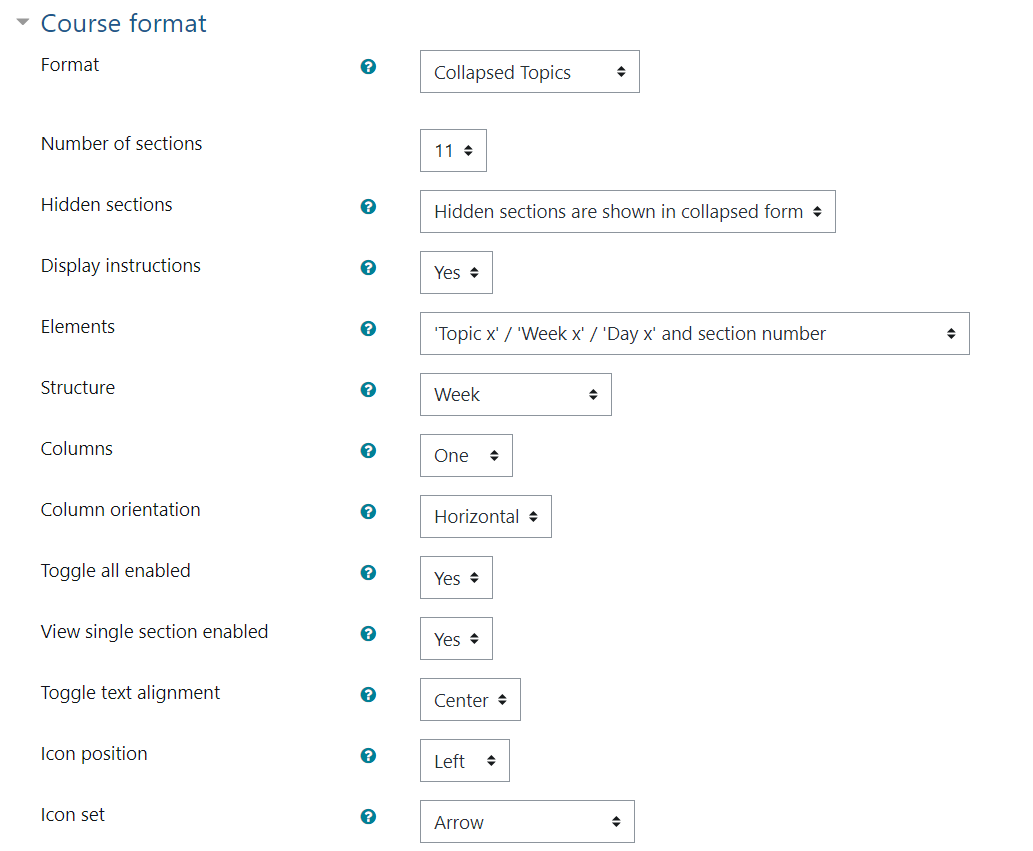 various settings for the collapsed topics Moodle format including number of sections, hidden sections, etc