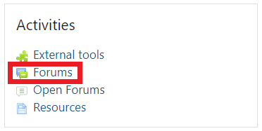 Forums in the Activities block that displays on a course page in Moodle.