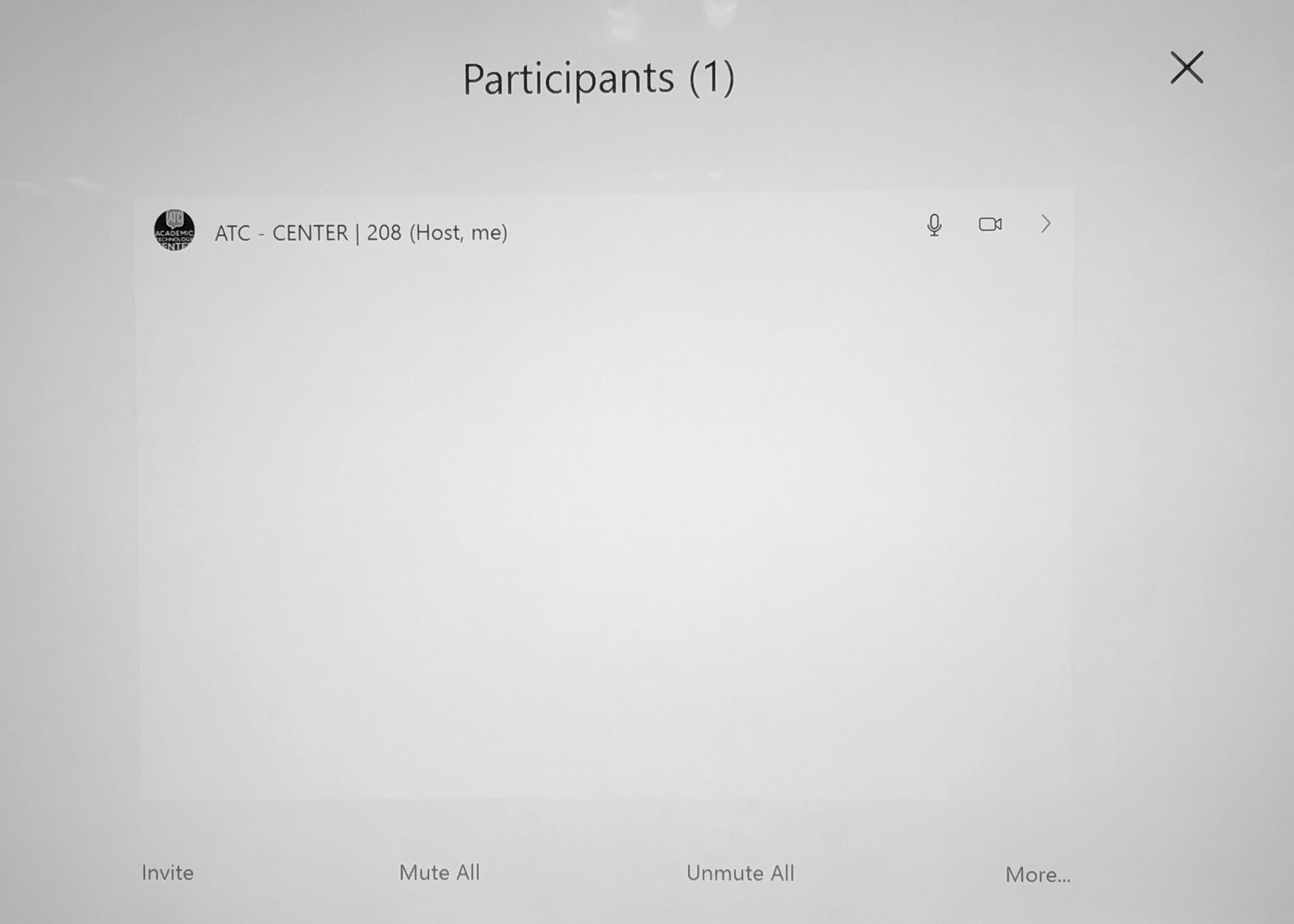 Manage participants screen with only one participant shown in the meeting.