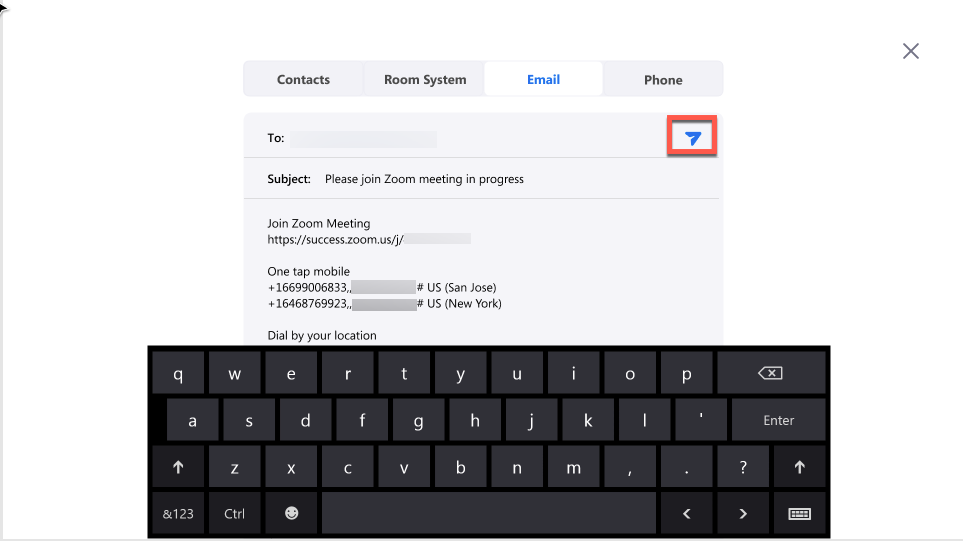 Zoom invite by email screen with send arrow highlighted in a red box.