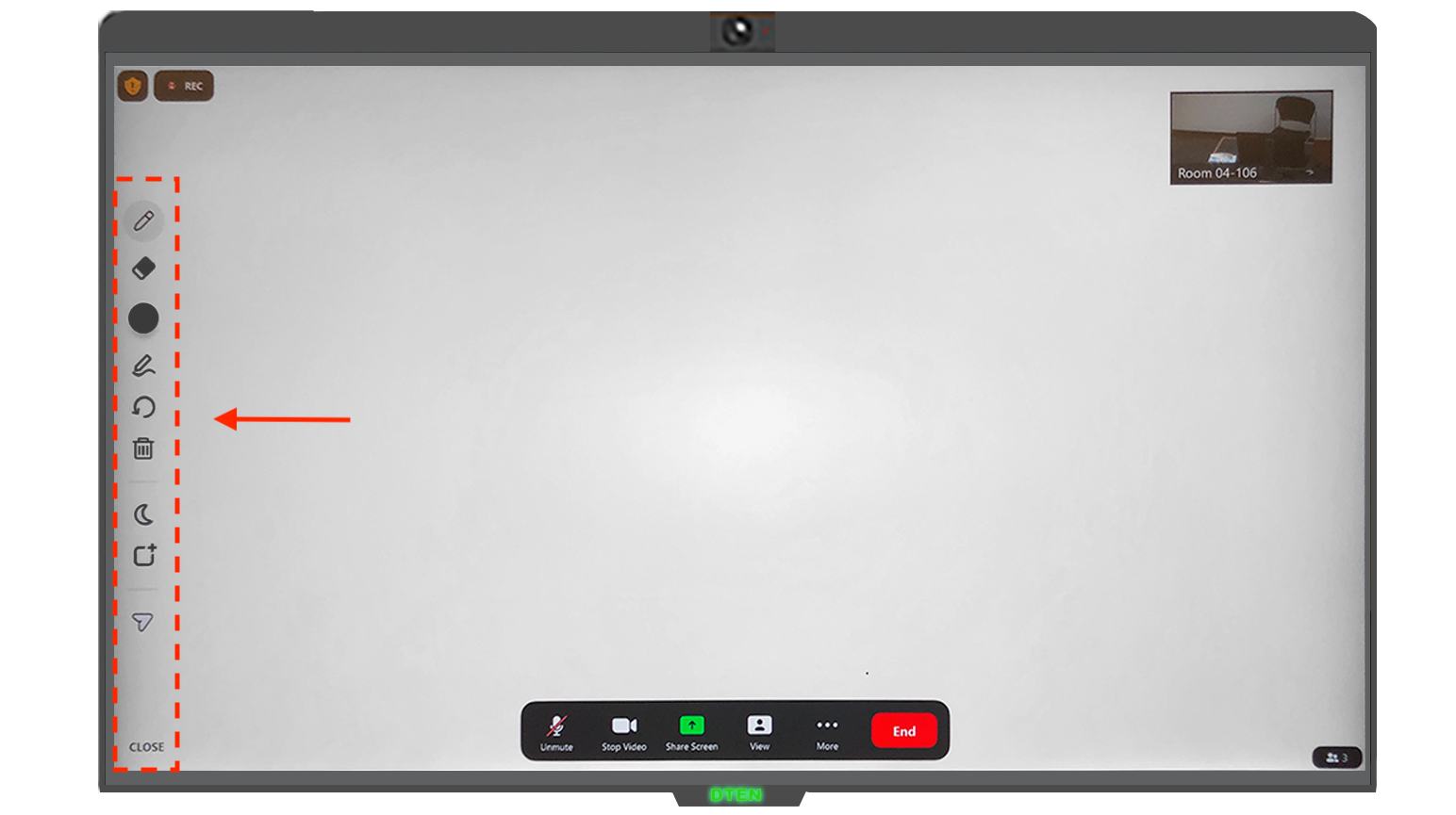 Zoom whiteboard screen with dashed red lines highlighted the different buttons on the left side of the screen. Descriptions of buttons below this image.