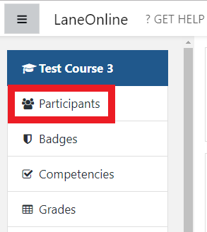 The image shows the left-hand menu in a Moodle course, the participants link is highlighted in red. 