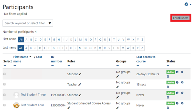 The image shows the participants page, in the top right corner, the enroll users button is highlighted in red. 
