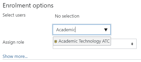 The image shows the enrolment options menu, the select users search bar shows the ATC user as an option.