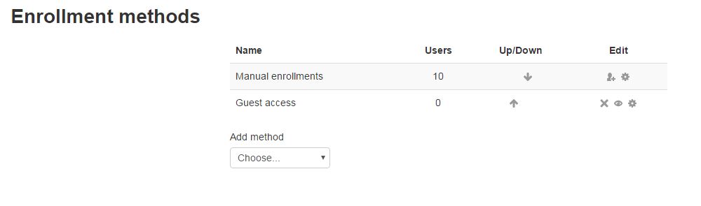 Enrollment Methods page with quest access listed as method. the drop down to add this method is at the bottom of the page. 