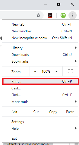 The image shows a dropdown menu with the print option highlighted in red. 