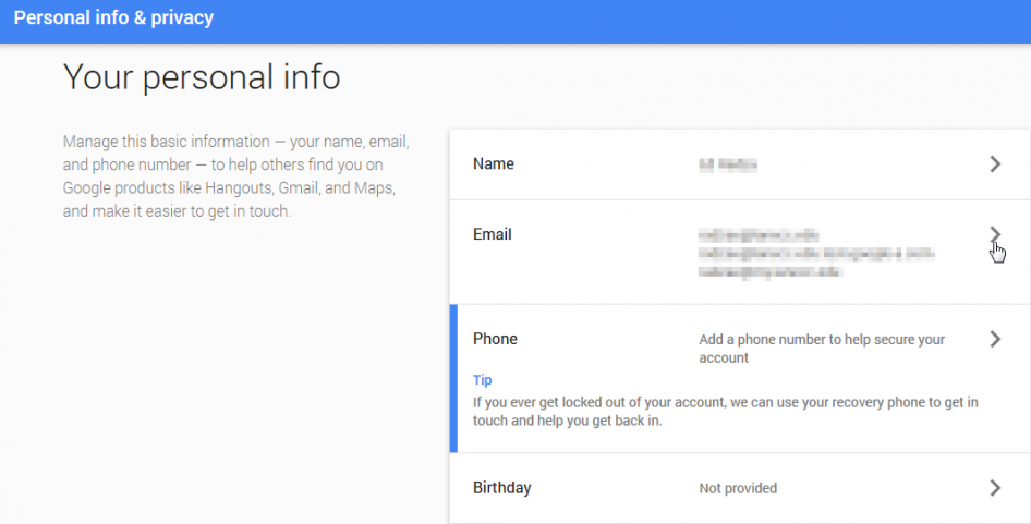 Email options on Google's Personal Info & Privacy page.