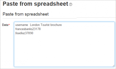 Image of paste from spreadsheet with sample data in the data field.