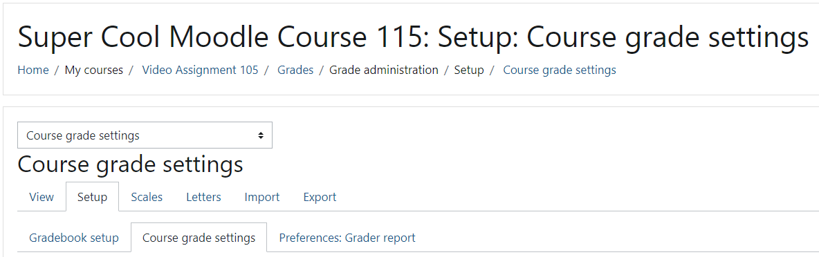 Setup and Course Grade settings tabs selected in the Gradebook.