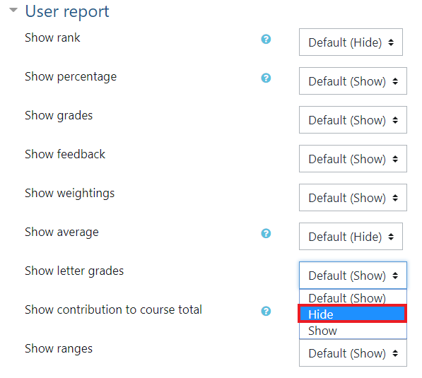 User report section, changing Show letter grades to Hide.