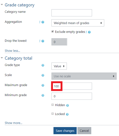 In the Category total section when editing any category or item, change the maximum grade to be the weight you want the category or single item to have.