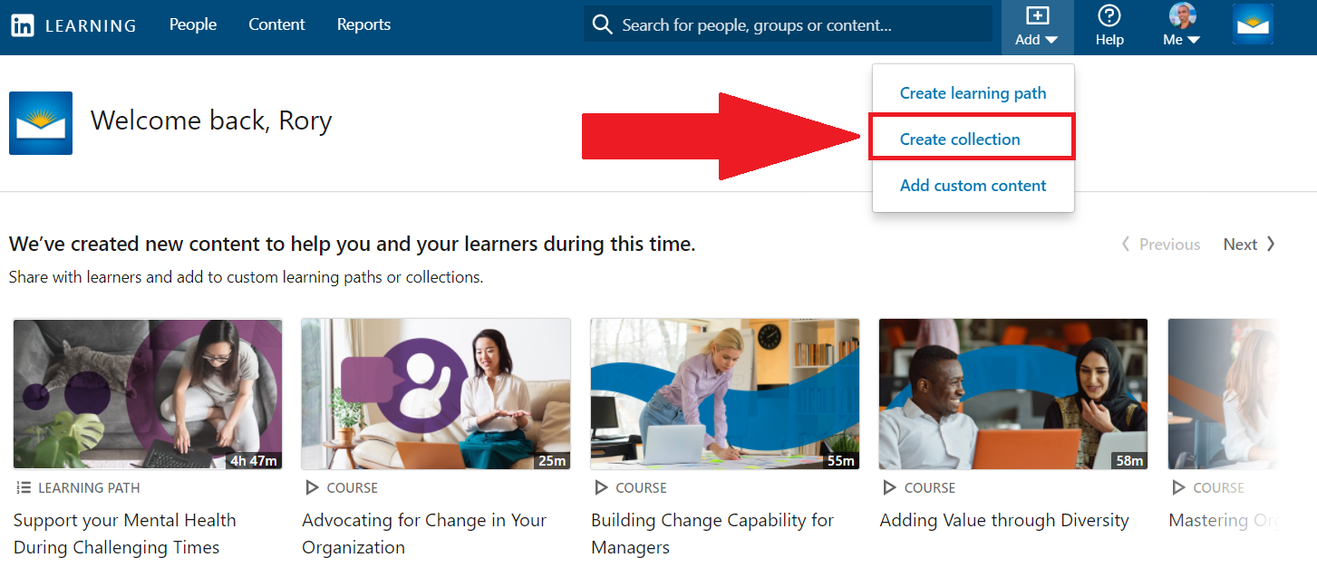 linked in learning window showing add button opened with create collection highlighted