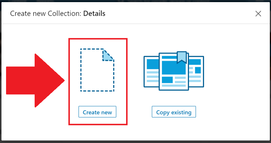 create new collection window with create new button highlighted