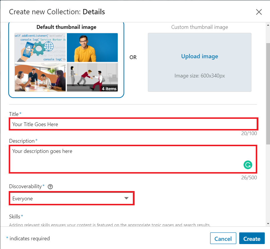 create new collection details window with text fields highlighted