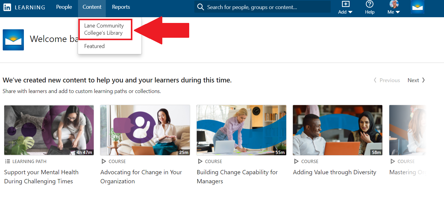 linked in learning window with content drop down opened and lane community college's library highlighted with arrow