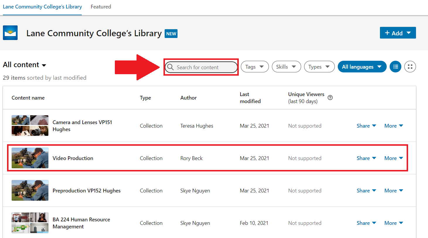 lane community college's library window with search for content text field highlighted