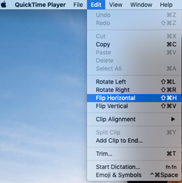 quicktime edit menu with flip horizontal highlighted