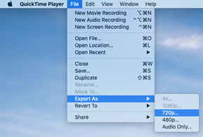quicktime file menu with export as and 720p selected