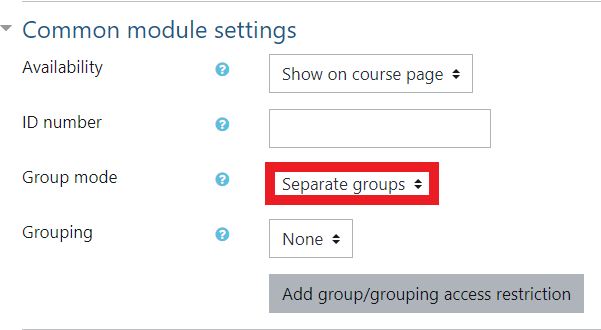 The image shows the common module settings, with the group mode set to separate groups