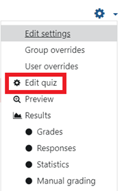 Image with the gear icon options shown and edit quiz selected